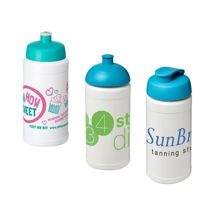 Aqua Baseline Plus® 500ml Sports Bottles - Aqua Sports Lid (L), Dome Lid (C), Flip Lid (R)