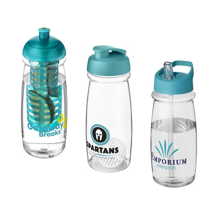 Aqua H<sub>2</sub>O Active® Pulse 600ml Sports Bottle - Dome Lid & Infuser (L), Flip Lid & Shaker Ball (C), Spout Lid (R)