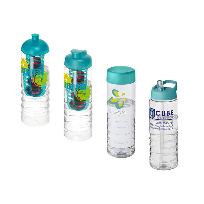 Aqua H<sub>2</sub>O Active® Treble 750ml Sports Bottle - Showing A Selection of Lids & Accessories