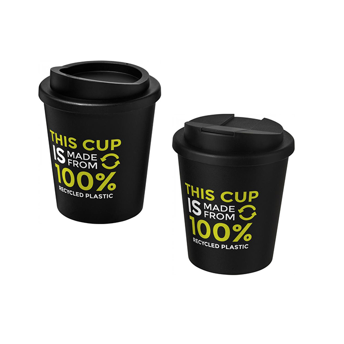 Black Americano® Espresso Eco 250ml Recycled Tumbler with Twist-On Lid (L) & Spill-Proof Lid (R)