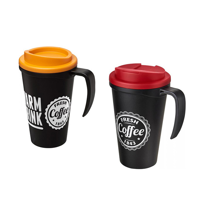 Black Americano® Grande 250ml Mugs with Twist-On (L) and Spill-Proof (R) Lids
