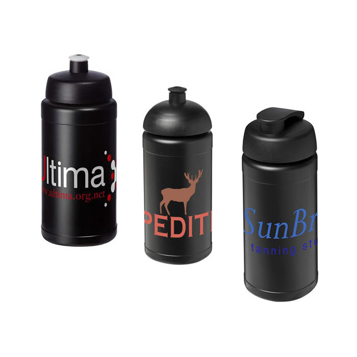 Black Baseline Plus® 500ml Sports Bottles - Sports Lid (L), Dome Lid (C), Flip Lid (R)