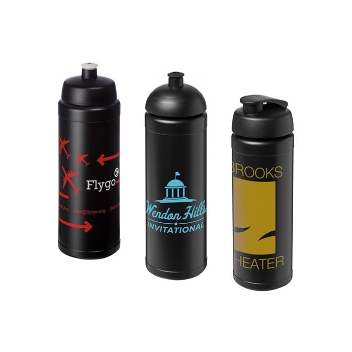 Black Baseline Plus® 750ml Sports Bottles with Sports Lid (L), Dome Lid (C), Flip Lid (R)