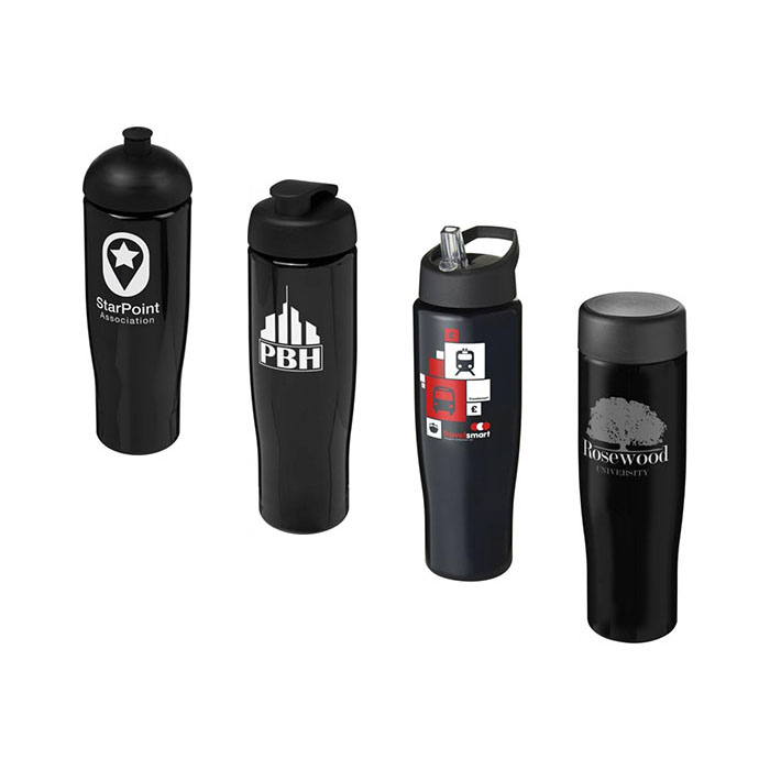 Black H<sub>2</sub>O Active® Tempo 700ml Sports Bottle - Showing Solid Black Colour & A Selection of Lids & Accessories