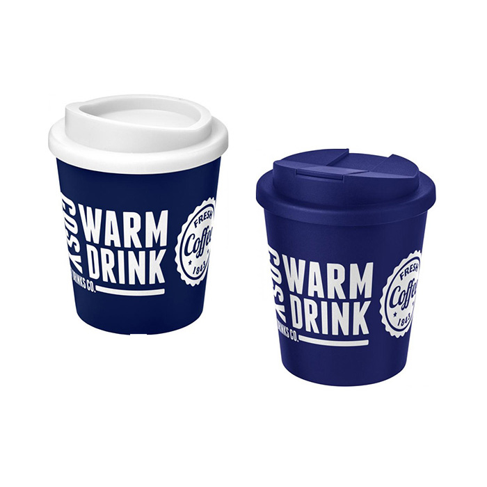 Blue (288) Americano®  Espresso 250ml Tumbler with White Twist-On Lid (L) & Blue Spill-Proof Lid (R)