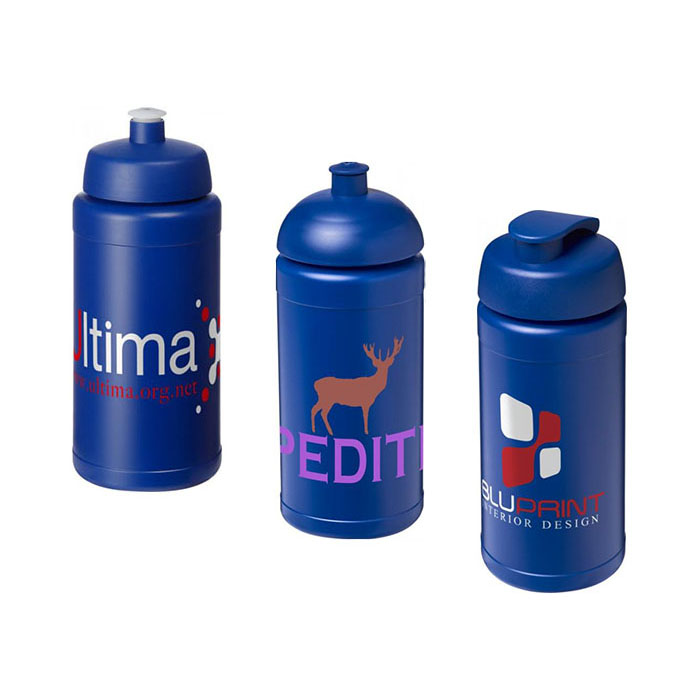Blue Baseline Plus® 500ml Sports Bottles - Sports Lid (L), Dome Lid (C), Flip Lid (R)