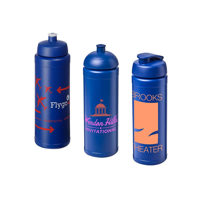 Blue Baseline Plus® 750ml Sports Bottles with Sports Lid (L), Dome Lid (C), Flip Lid (R)