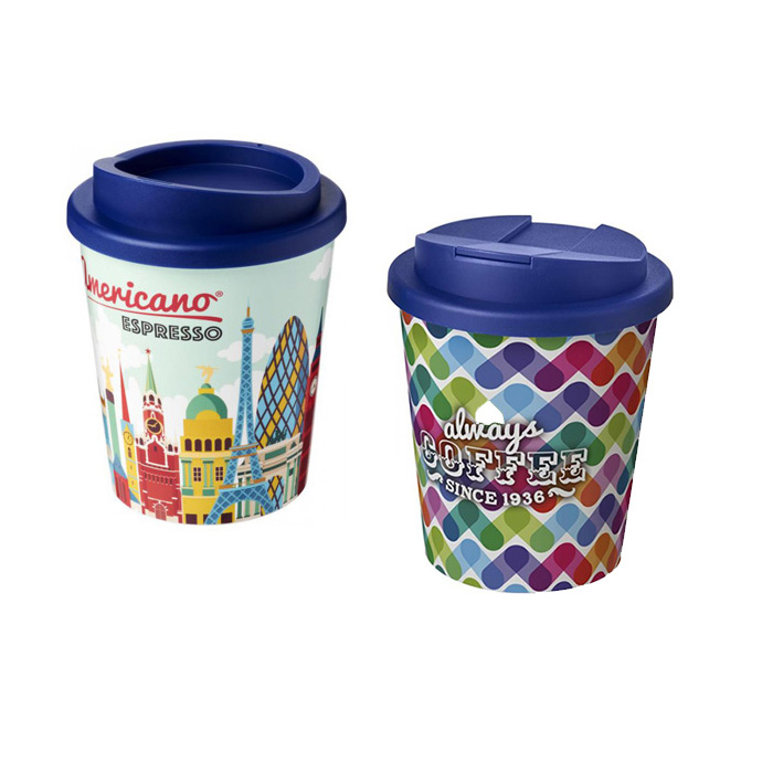 Blue (288) Brite-Americano® Espresso 250ml Tumblers with Twist-on (L) and Spill-proof (R) Lids