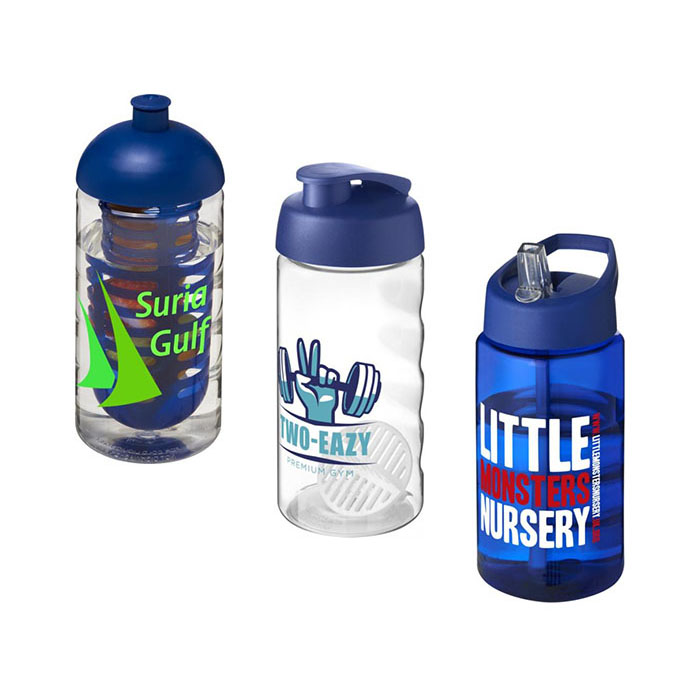 Blue H<sub>2</sub>O Active® Bop 500ml Sports Bottle - Dome Lid & Infuser (L) Flip Lid & Shaker Ball (C), Spout Lid (R)