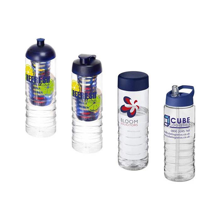 Blue H<sub>2</sub>O Active® Treble 750ml Sports Bottle - Showing A Selection of Lids & Accessories