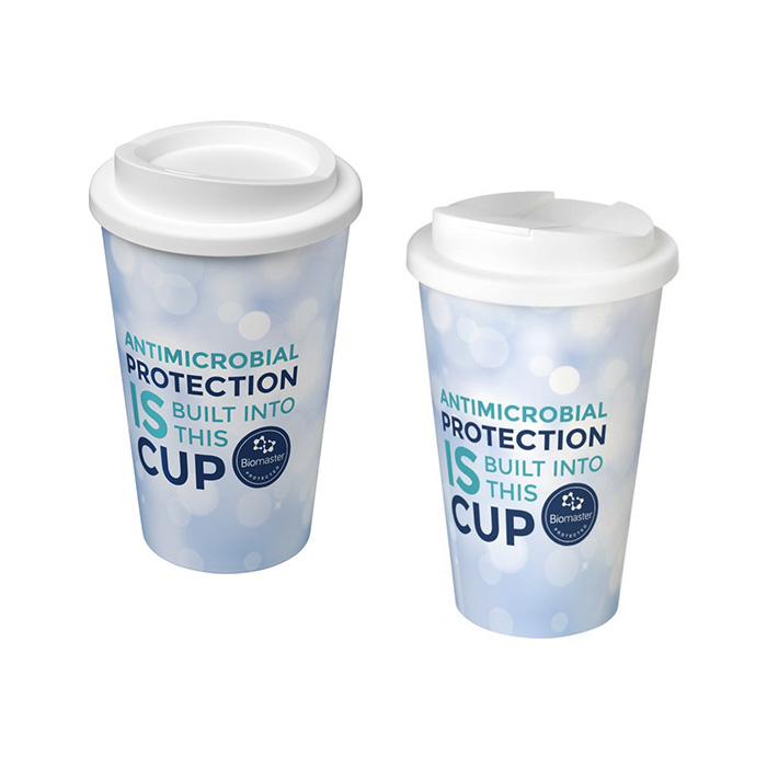 White Brite-Americano® Pure 350ml Antimicrobial Tumbler with Twist-On (L) & Spill-Proof (R) Lids