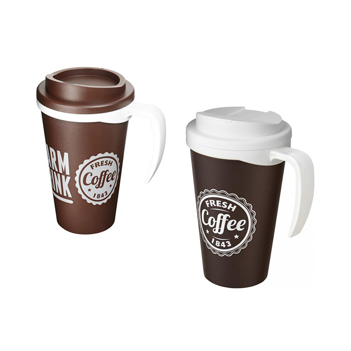 Brown Americano® Grande 250ml Mugs with Twist-On (L) and Spill-Proof (R) Lids