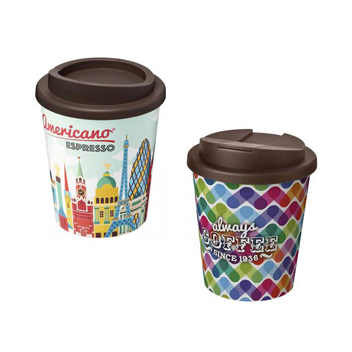 Brown Brite-Americano® Espresso 250ml Tumblers with Twist-on (L) and Spill-proof (R) Lids