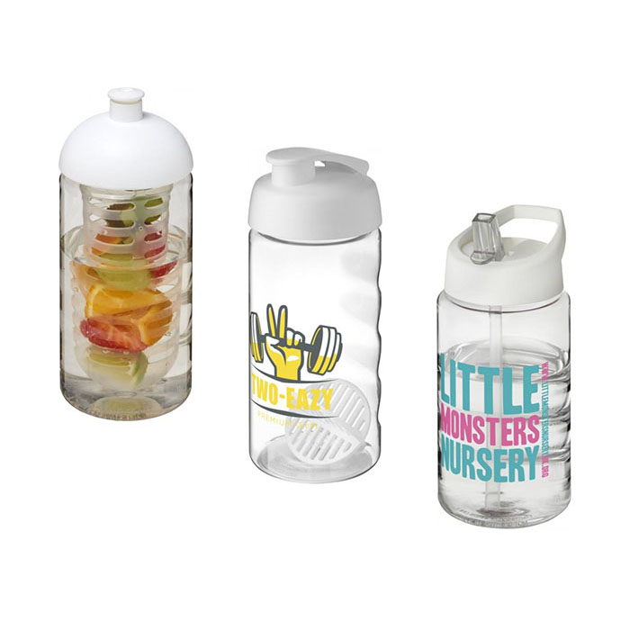 Clear H<sub>2</sub>O Active® Bop 500ml Sports Bottle - White Dome Lid & Infuser (L) White Flip Lid & Shaker Ball (C), White Spout Lid (R)
