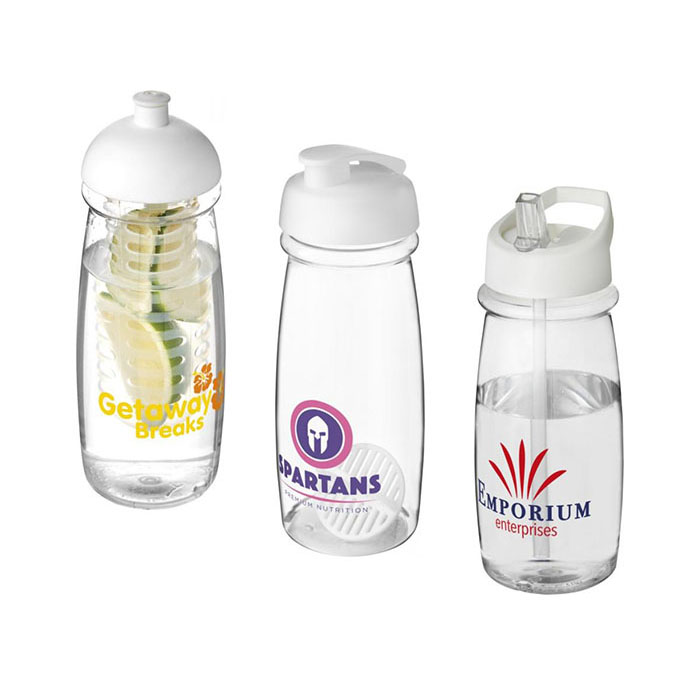 Clear H<sub>2</sub>O Active® Pulse 600ml Sports Bottle - White Lids: Dome & Infuser (L), Flip & Shaker Ball (C), Spout (R)