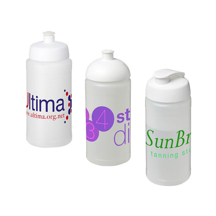 Frosted/Transparent Baseline Plus® 500ml Sports Bottles - Sports Lid (L), Dome Lid (C), Flip Lid (R)
