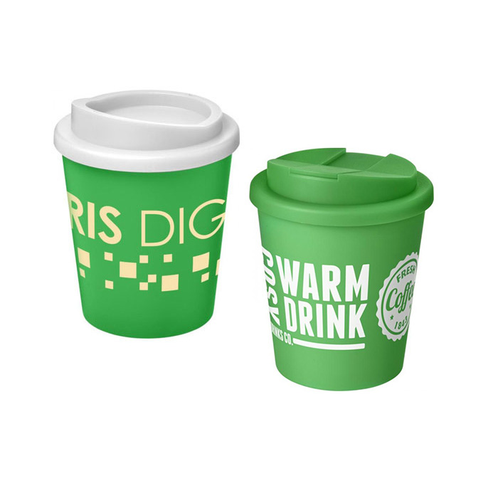 Green Americano®  Espresso 250ml Tumbler with White Twist-On Lid (L) & Green Spill-Proof Lid (R)
