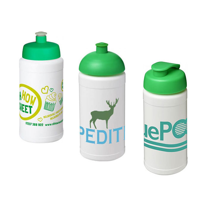 Green Baseline Plus® 500ml Sports Bottles - Green Sports Lid (L), Dome Lid (C), Flip Lid (R)