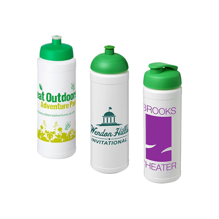 Green Baseline Plus® 750ml Sports Bottles - Green Sports Lid (L), Dome Lid (C), Flip Lid (R)