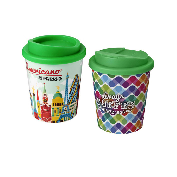Green Brite-Americano® Espresso 250ml Tumblers with Twist-on (L) and Spill-proof (R) Lids
