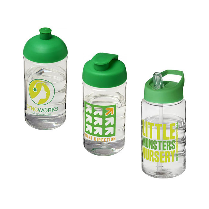 Green H<sub>2</sub>O Active® Bop 500ml Sports Bottle - Dome Lid (L), Flip Lid (C), Spout Lid (R)