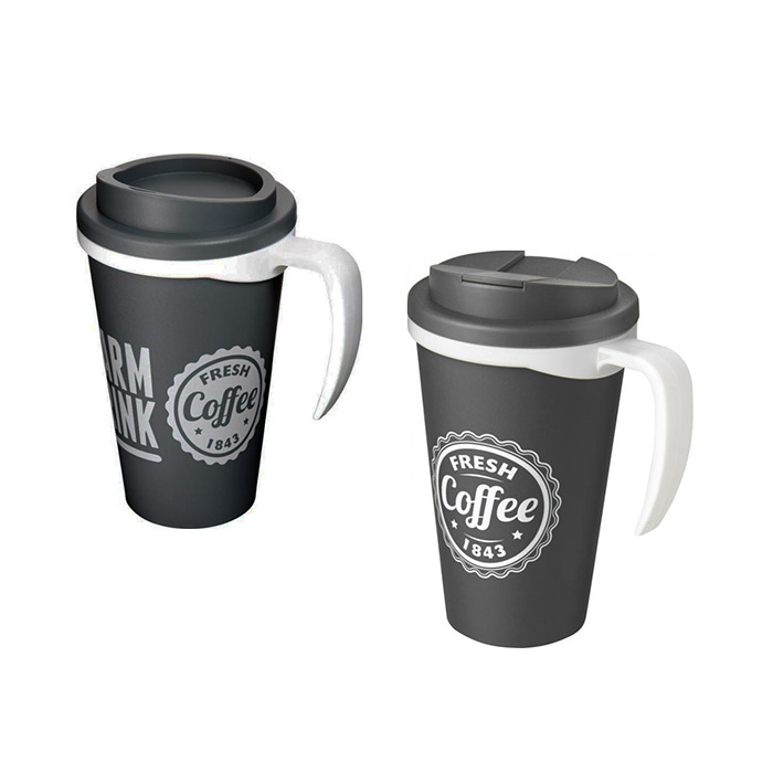 Grey Americano® Grande 250ml Mugs with Twist-On (L) and Spill-Proof (R) Lids
