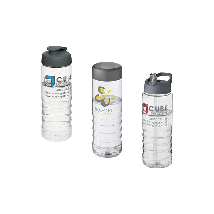 Grey H<sub>2</sub>O Active® Treble 750ml Sports Bottle - Showing A Selection of Lids & Accessories
