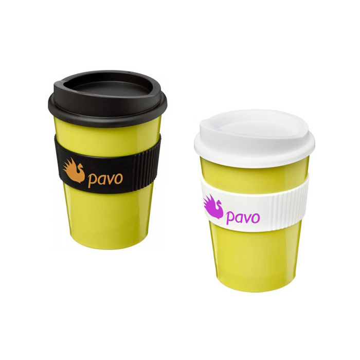 Lime Green Americano® Medio 300ml Tumblers with Grip - Black & White Grips/Lids
