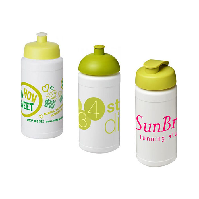 Lime Green Baseline Plus® 500ml Sports Bottles - Lime Green Sports Lid (L), Dome Lid (C), Flip Lid (R)