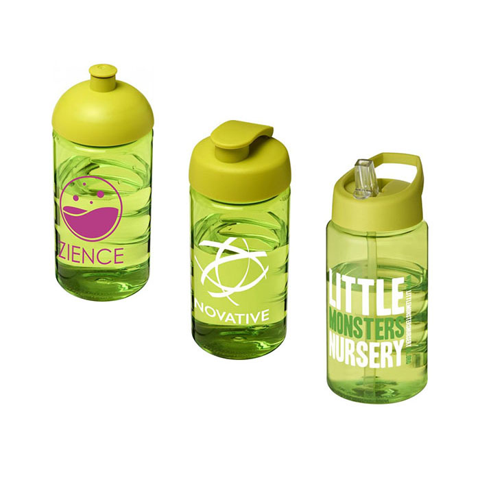 Lime Green H<sub>2</sub>O Active® Bop 500ml Sports Bottle - Dome Lid (L), Flip Lid (C), Spout Lid (R)