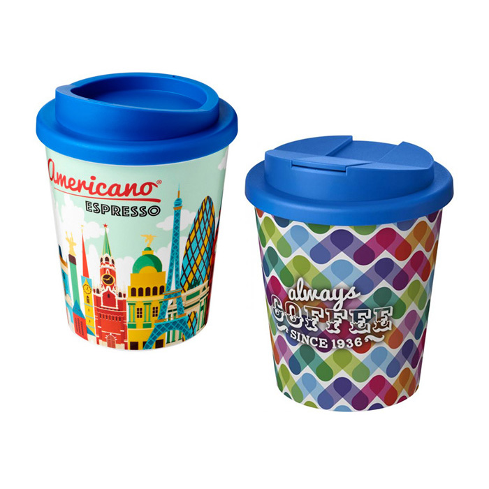 Blue (300) Brite-Americano® Espresso 250ml Tumblers with Twist-on (L) and Spill-proof (R) Lids
