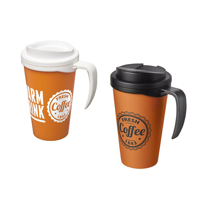 Orange Americano® Grande 250ml Mugs with Twist-On (L) and Spill-Proof (R) Lids