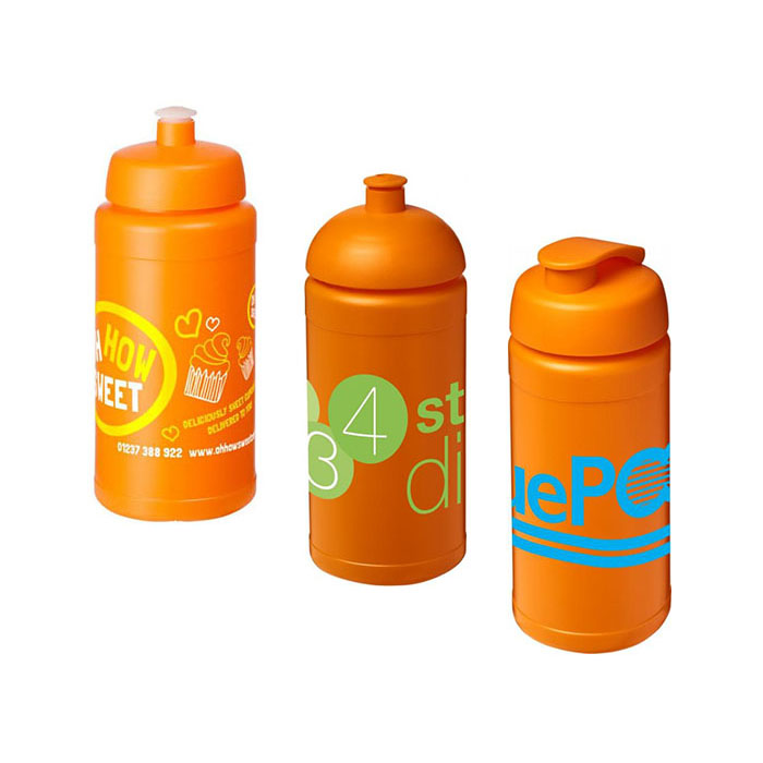 Orange Baseline Plus® 500ml Sports Bottles - Sports Lid (L), Dome Lid (C), Flip Lid (R)