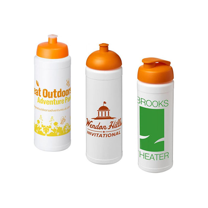 Orange Baseline Plus® 750ml Sports Bottles - Orange Sports Lid (L), Dome Lid (C), Flip Lid (R)