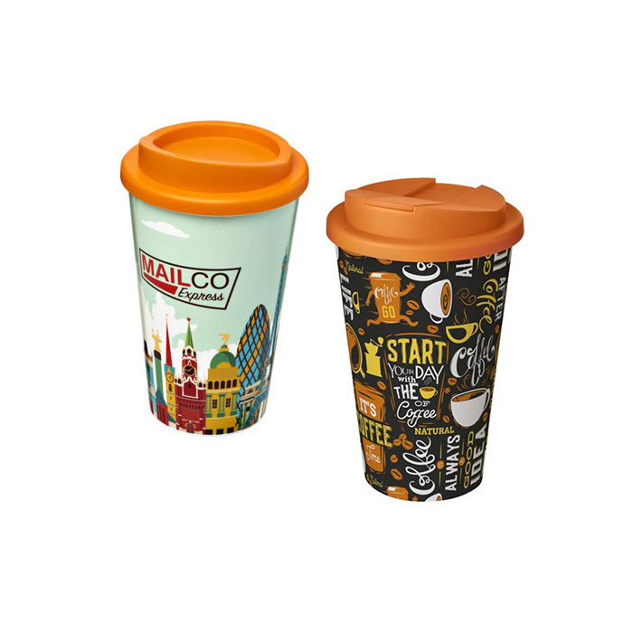 Orange Brite-Americano® 350ml Tumblers with Twist-On (L) and Spill-Proof (R) Lids