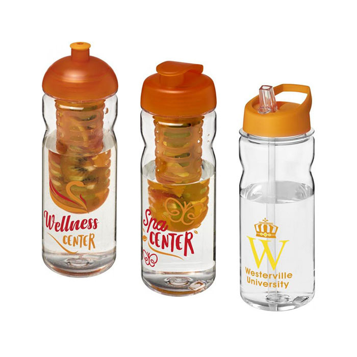 Orange H<sub>2</sub>O Active® Base Tritan™ 650ml Sports Bottle - Dome Lid & Infuser (L), Flip Lid & Infuser (C), Spout Lid (R)