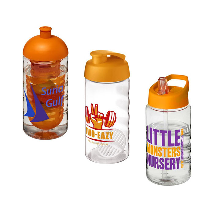 Orange H<sub>2</sub>O Active® Bop 500ml Sports Bottle - Dome Lid & Infuser (L) Flip Lid & Shaker Ball (C), Spout Lid (R)