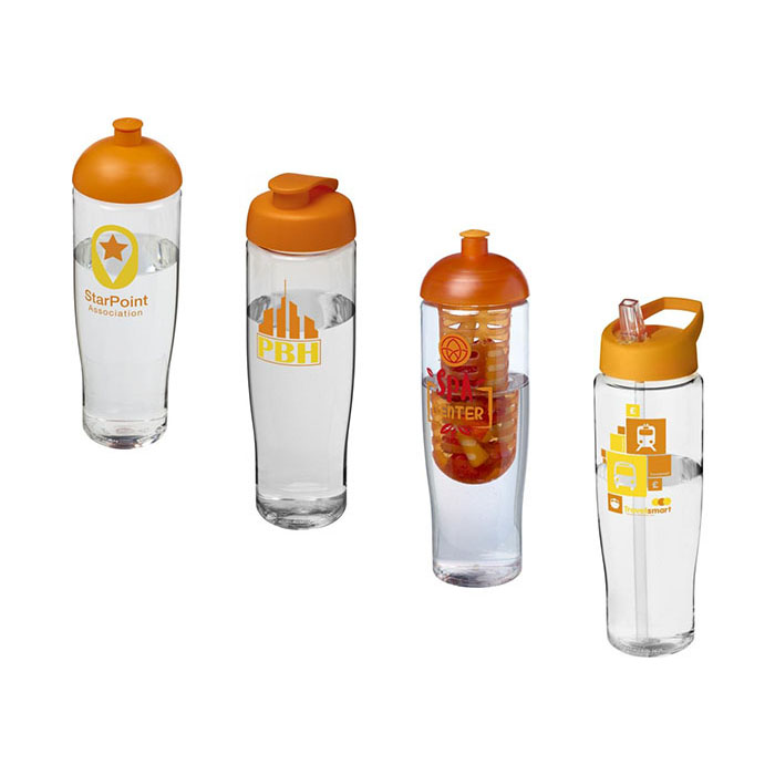 Orange H<sub>2</sub>O Active® Tempo 700ml Sports Bottle - Showing A Selection of Lids & Accessories