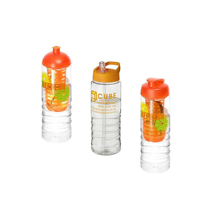 Orange H<sub>2</sub>O Active® Treble 750ml Sports Bottle - Showing A Selection of Lids & Accessories
