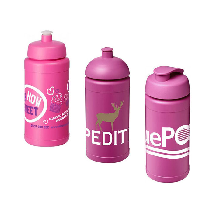Pink Baseline Plus® 500ml Sports Bottles - Sports Lid (L), Dome Lid (C), Flip Lid (R)