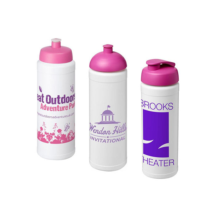 Pink Baseline Plus® 750ml Sports Bottles - Pink Sports Lid (L), Dome Lid (C), Flip Lid (R)
