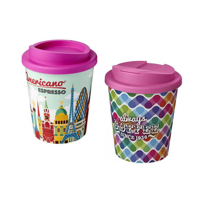 Pink Brite-Americano® Espresso 250ml Tumblers with Twist-on (L) and Spill-proof (R) Lids