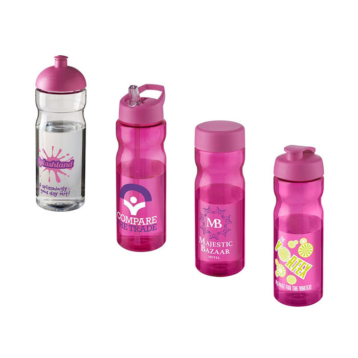 Pink H<sub>2</sub>O Active® Base 650ml Sports Bottle - Showing A Selection of Lids & Accessories