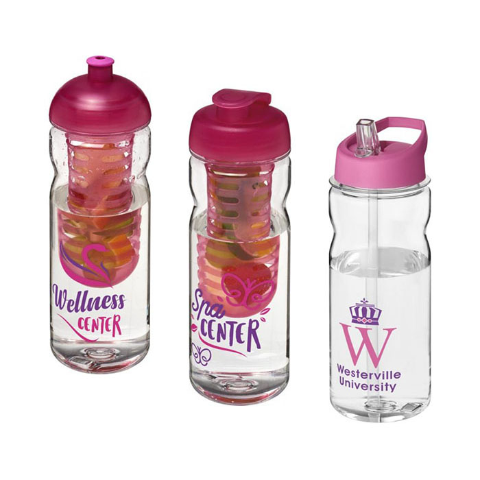 Pink H<sub>2</sub>O Active® Base Tritan™ 650ml Sports Bottle - Dome Lid & Infuser (L), Flip Lid & Infuser (C), Spout Lid (R)