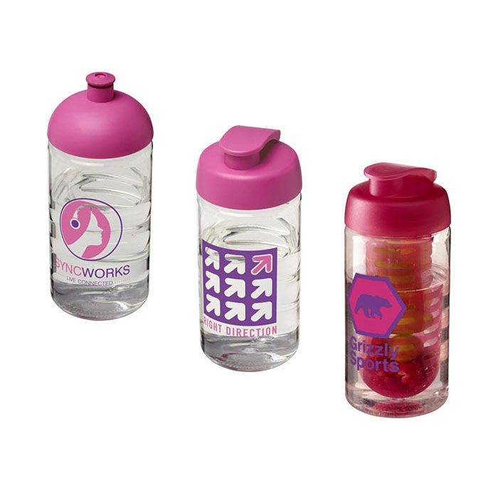 Pink H<sub>2</sub>O Active® Bop 500ml Sports Bottle - Dome Lid (L), Flip Lid (C), Flip Lid & Infuser (R)
