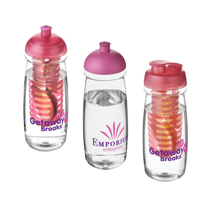 Pink H<sub>2</sub>O Active® Pulse 600ml Sports Bottle - Dome Lid & Infuser (L), Dome Lid (C), Flip Lid & Infuser (R)