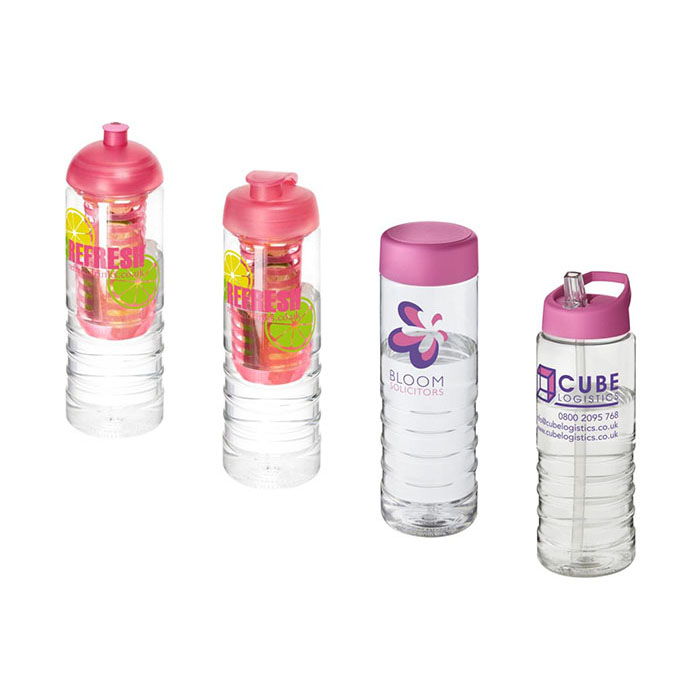 Pink H<sub>2</sub>O Active® Treble 750ml Sports Bottle - Showing A Selection of Lids & Accessories