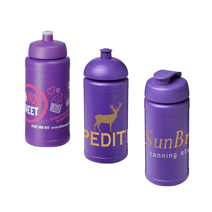 Purple Baseline Plus® 500ml Sports Bottles - Sports Lid (L), Dome Lid (C), Flip Lid (R)