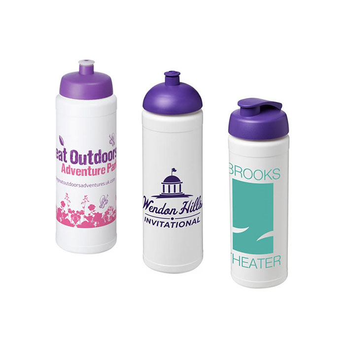 Purple Baseline Plus® 750ml Sports Bottles - Purple Sports Lid (L), Dome Lid (C), Flip Lid (R)