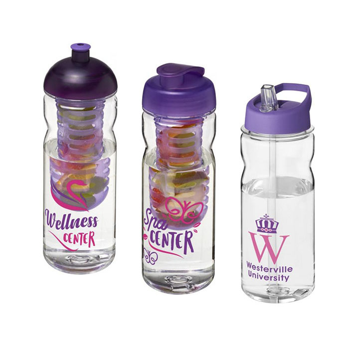 Purple H<sub>2</sub>O Active® Base Tritan™ 650ml Sports Bottle - Dome Lid & Infuser (L), Flip Lid & Infuser (C), Spout Lid (R)